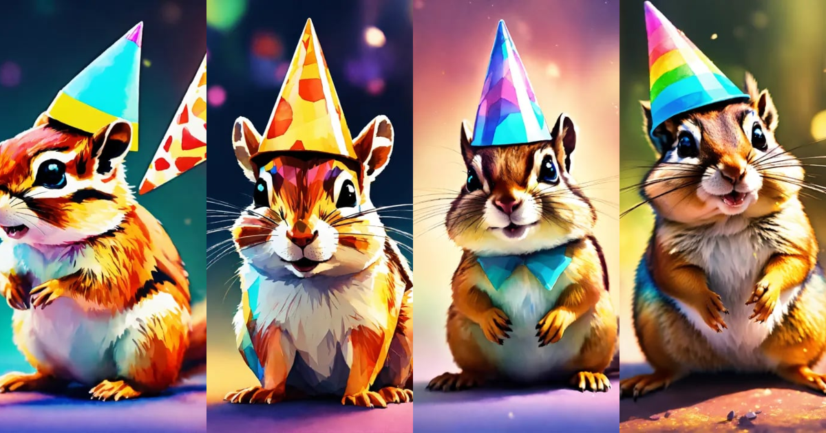 Lexica - Stylized chipmunk wearing a cone birthday hat. Vignette ...