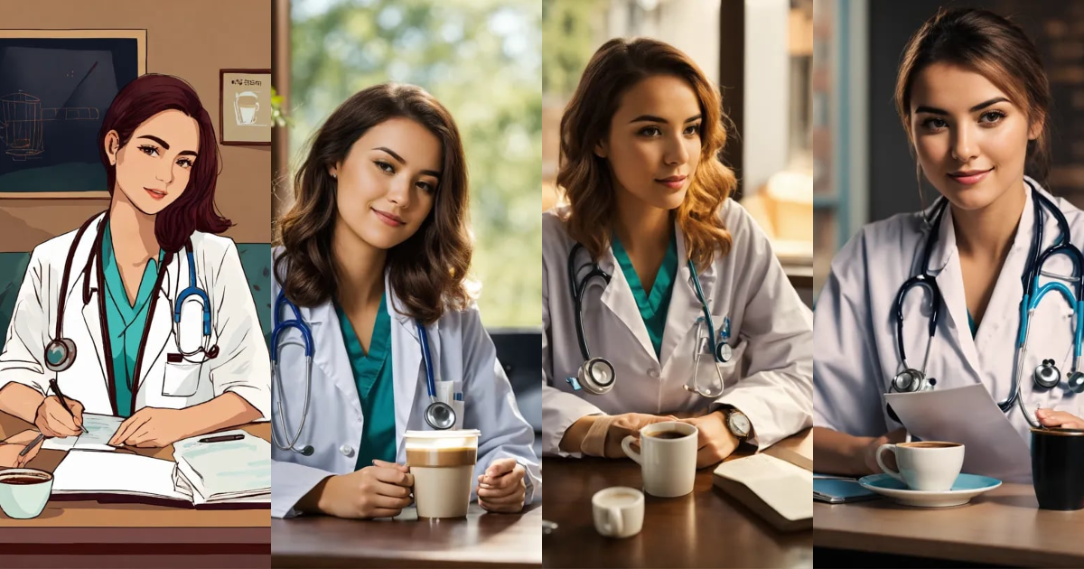 Lexica - Young woman doctor seating behind the table with cup of coffee