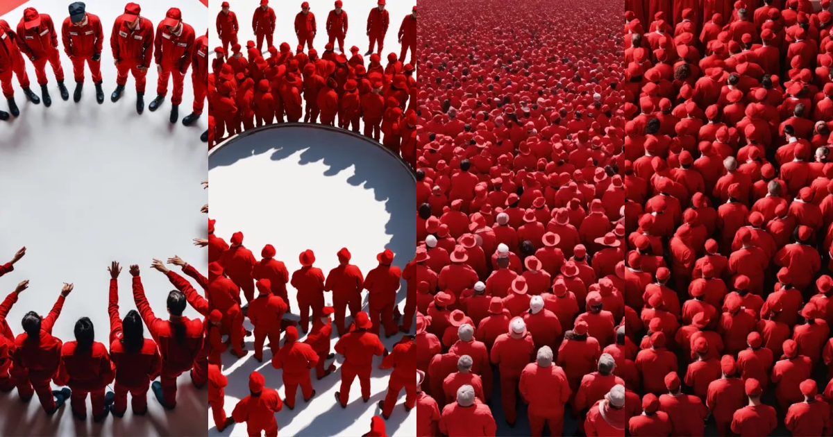 Lexica - A realistic image of a crowd wearing red overalls on a white ...
