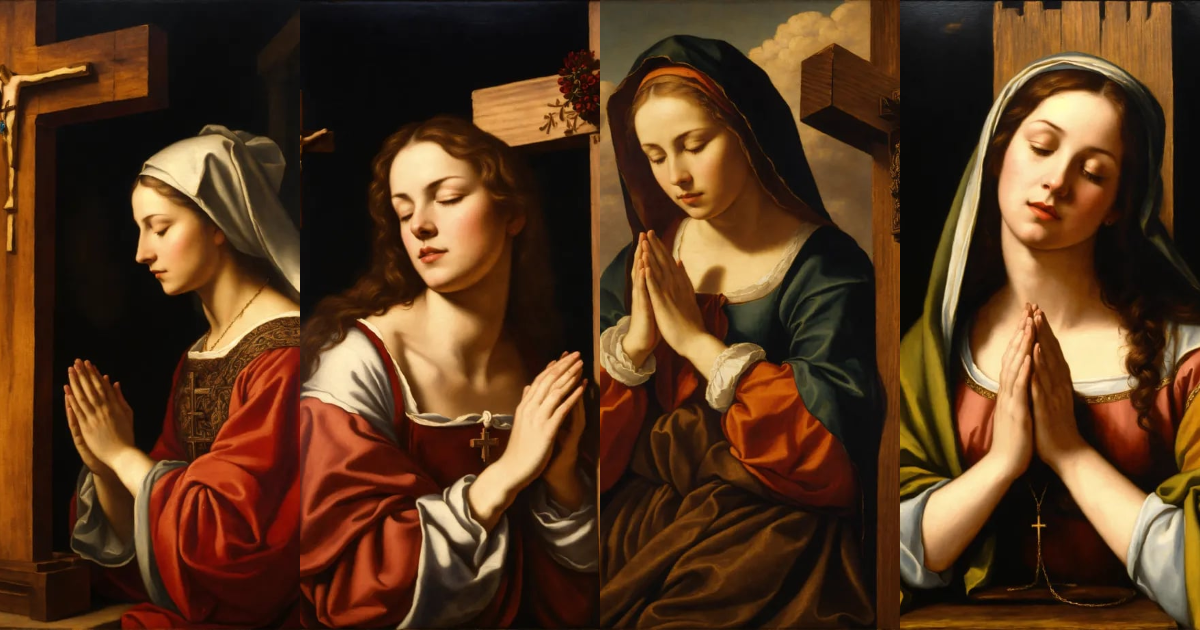 Lexica - Renaissance oil painting of a woman praying to a wooden cross