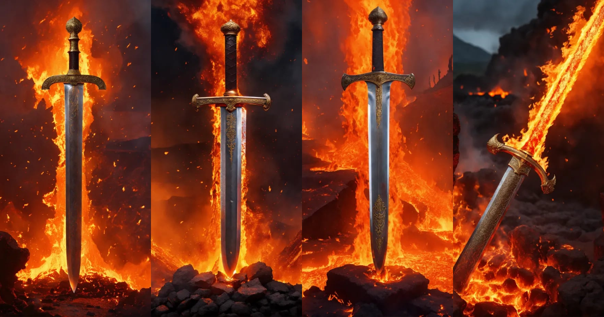 Lexica - A roman sword, upright, surrounded by fire and lava