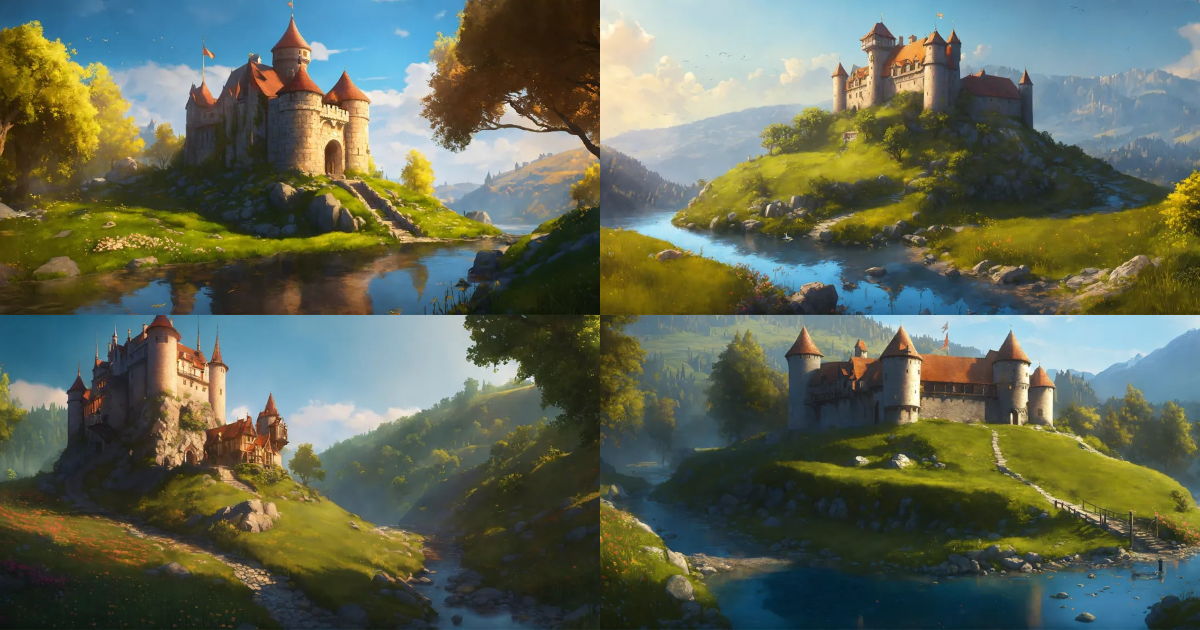 Lexica - A small medieval castle on a hillside with a gravel path and ...