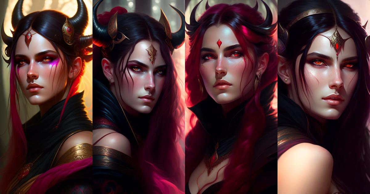 Lexica - Portrait of a young female with red skin and black horns on ...