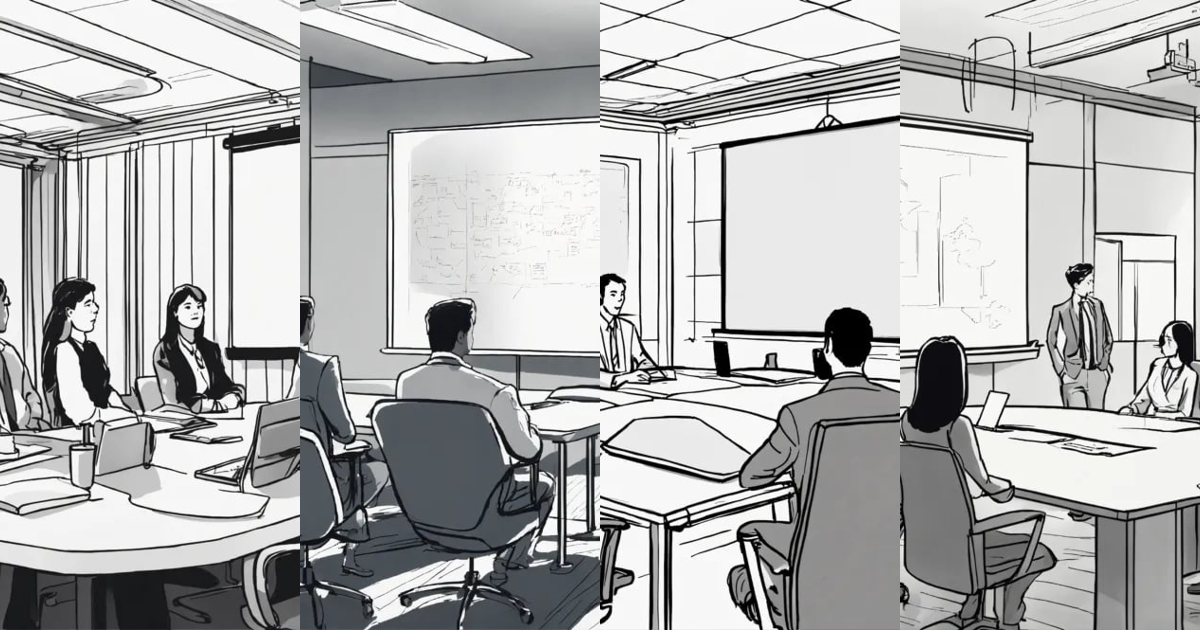 Lexica - Detailed line drawing of a conference room with three people ...
