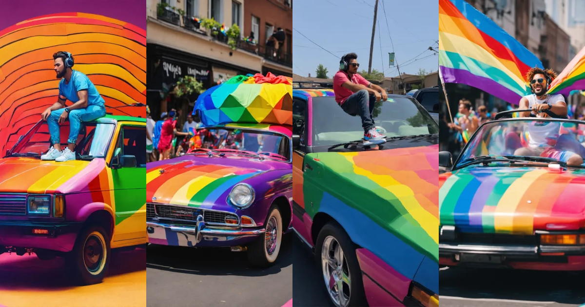 Lexica - A picture of a gay dj riding on a car painted in the colors of ...