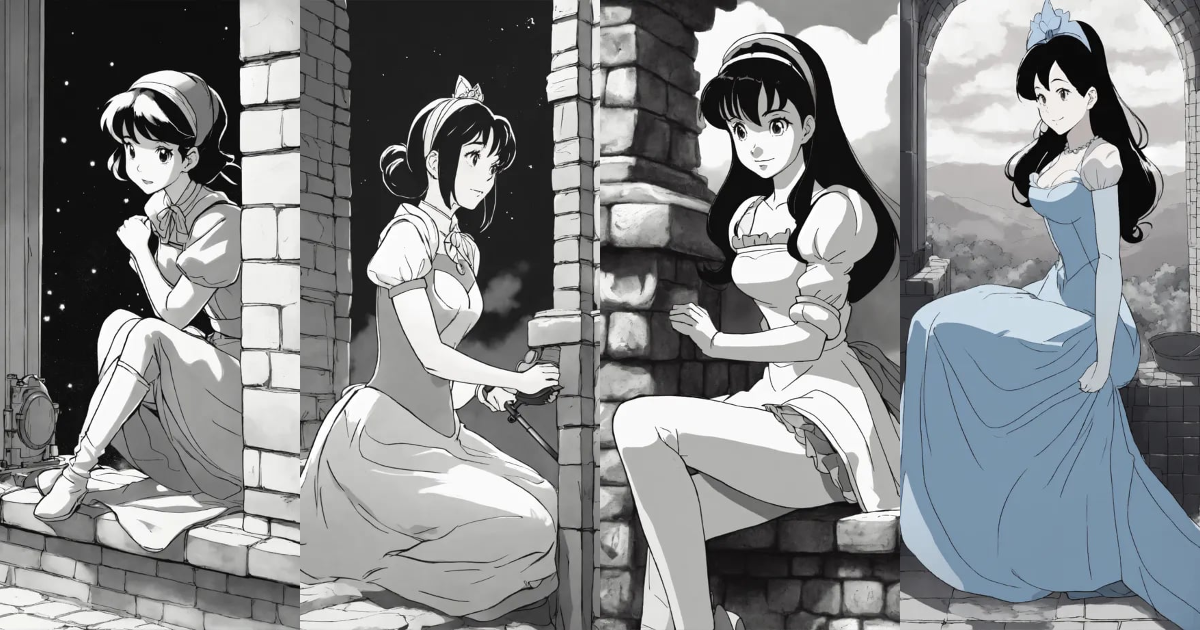 Lexica - Cinderella with black hair cleaning a chimney, Face pose, gray ...