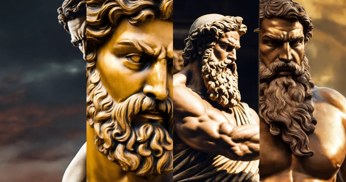 Lexica - Greek statue strong man with beard aggressive expression backward