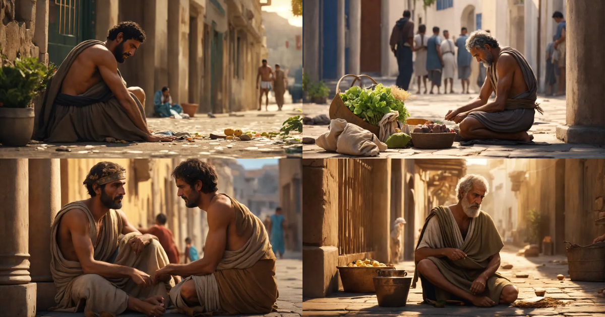 Lexica Man from ancient Greece, poor, helping others, in the street