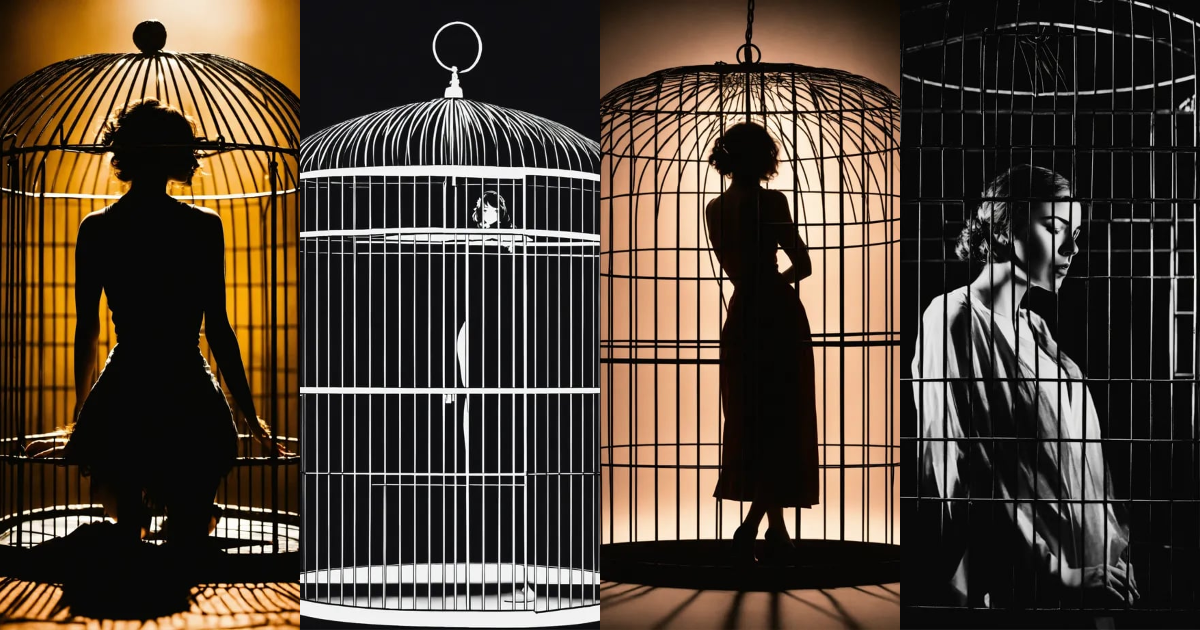 Lexica - The silhouette of a woman trapped in a cage, black background