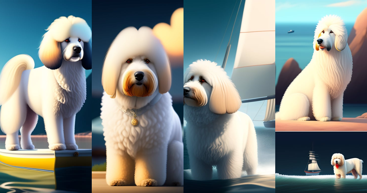 Lexica A cream colored Old English Sheepdog dog, sailing on an