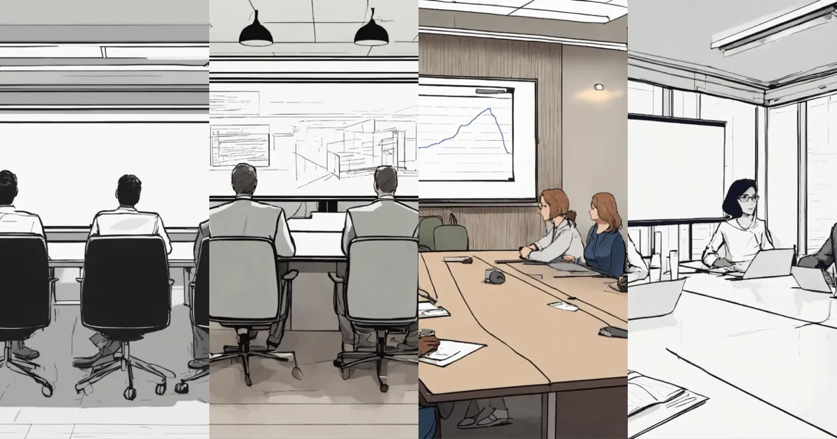Lexica - Detailed line drawing of a conference room with four people ...