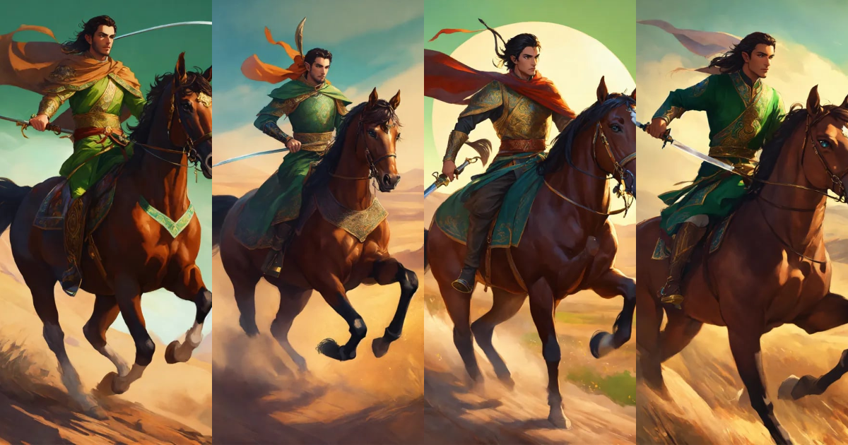 Lexica - A Persian elf male light cavalryman charging with Sabre riding ...