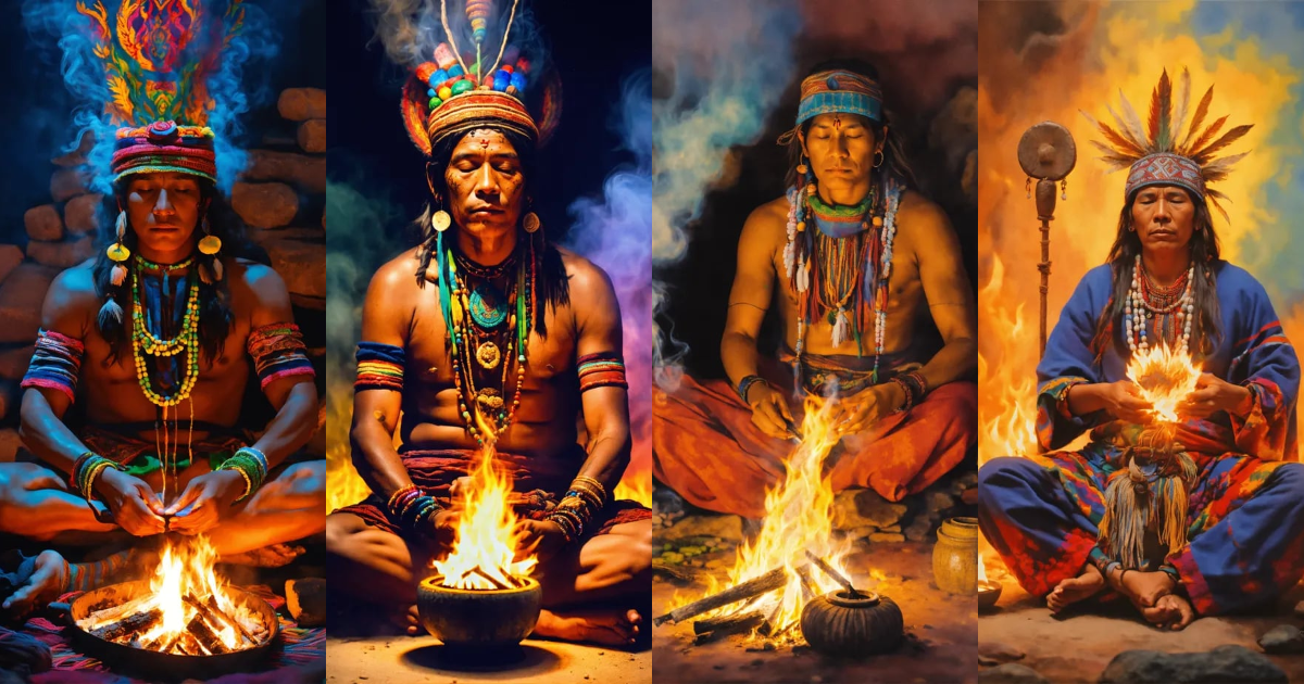 Lexica - Drawing shaman from peru sitted in front of fire, meditating ...
