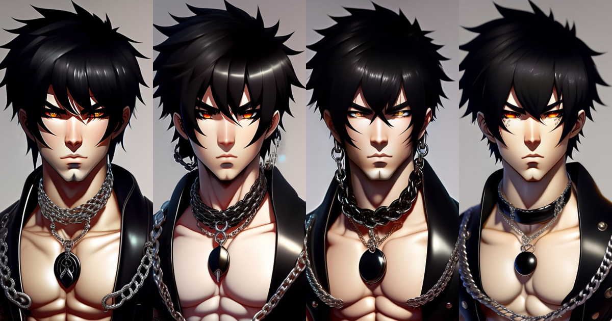 Lexica - Muscle , perfect , proportioned ,, Anime Young Guy, with black  hair, white skin, 8k, anime style, bold, lots of different piercings, a  litt