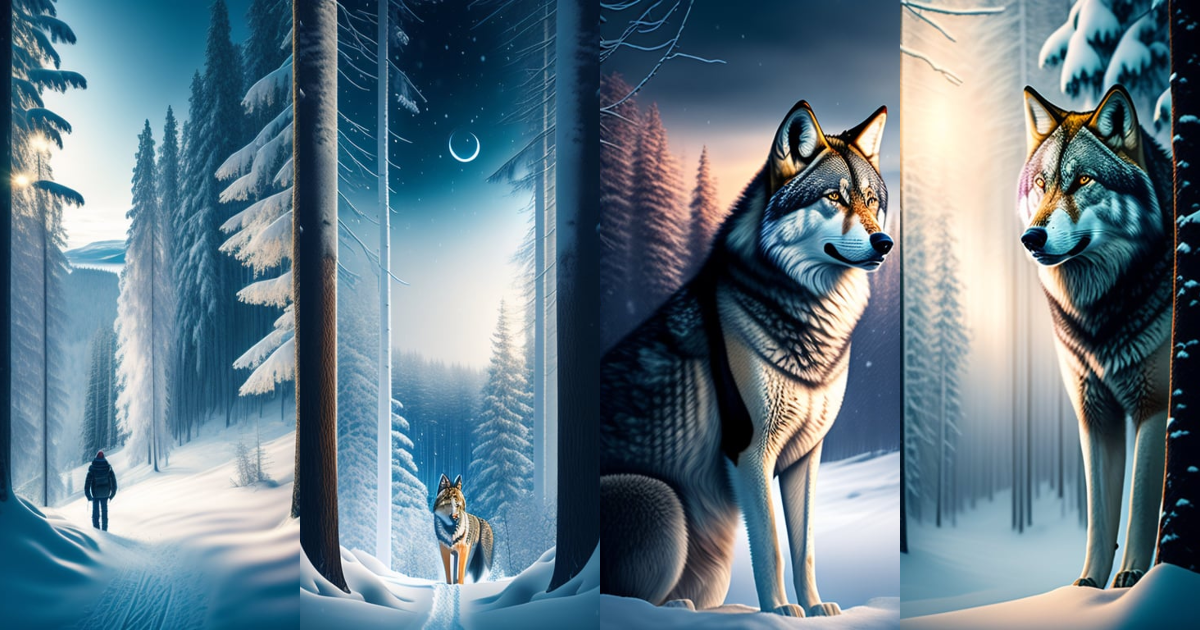 Lexica - Winter forest, with snow and a lone wolf, portrait