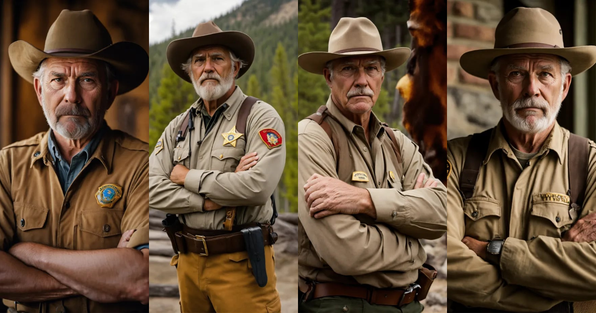 Lexica - Scared YELLOWSTONE park ranger man, OLD, FRONT VIEW, casual ...