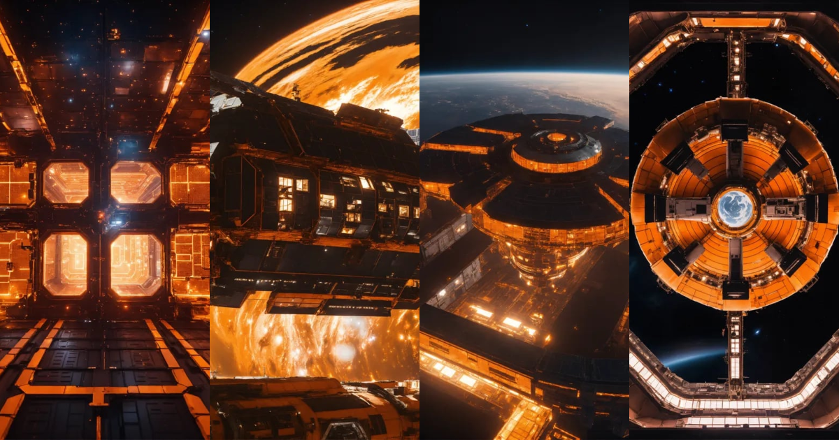 Lexica - Entire giant orange space station in dark space from top with ...