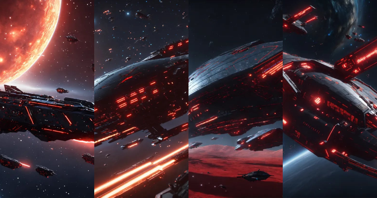 Lexica - Zoom out on fleet of long black insect like organic space ...