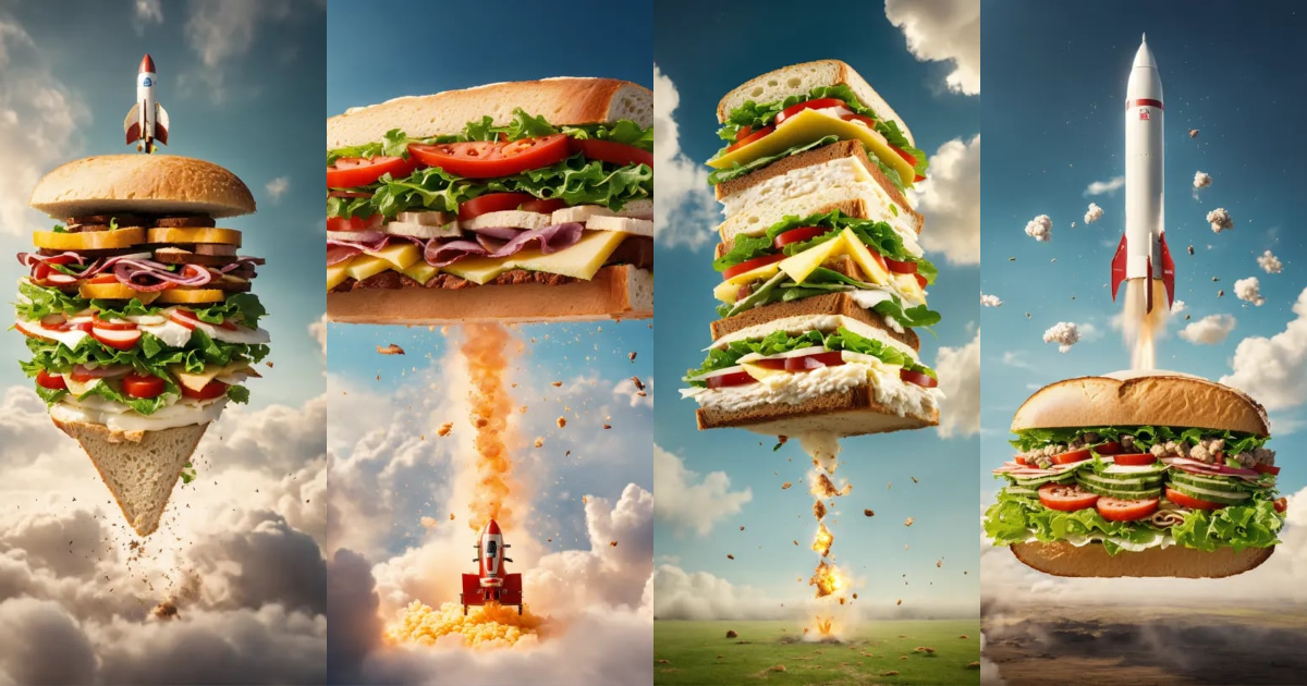 Lexica - Very tall sandwich taking off like a rocket, rocket explosion ...