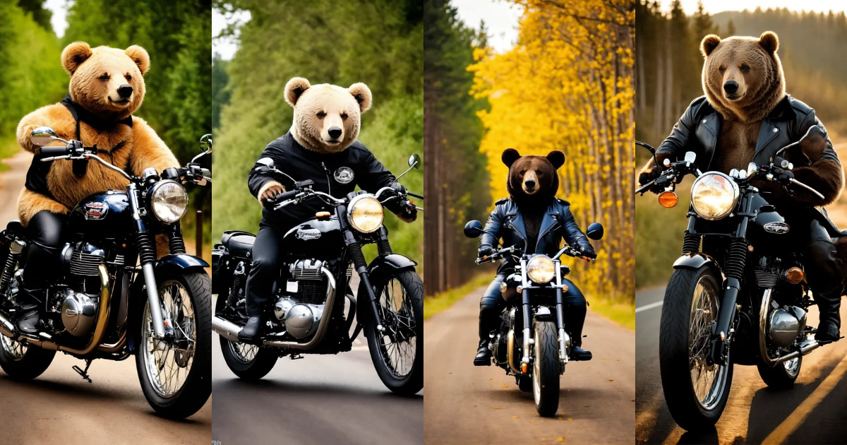 Lexica - Cute manly Bear Riding A black triumph bonneville motorcycle ...