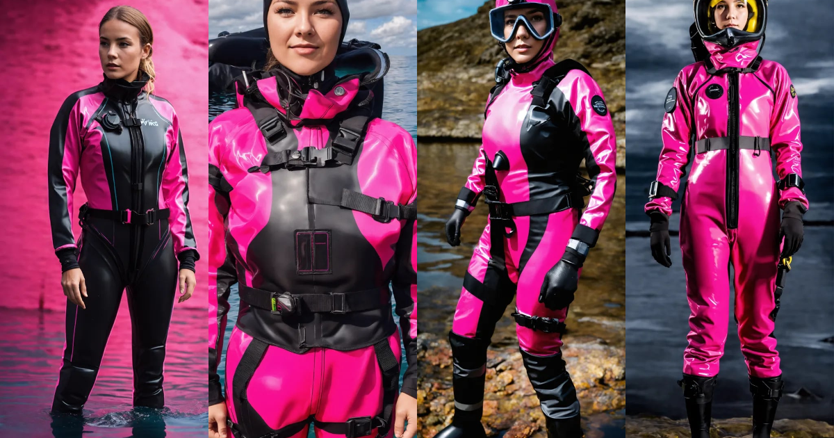 Lexica - Female diver in pink and black glossy viking drysuit
