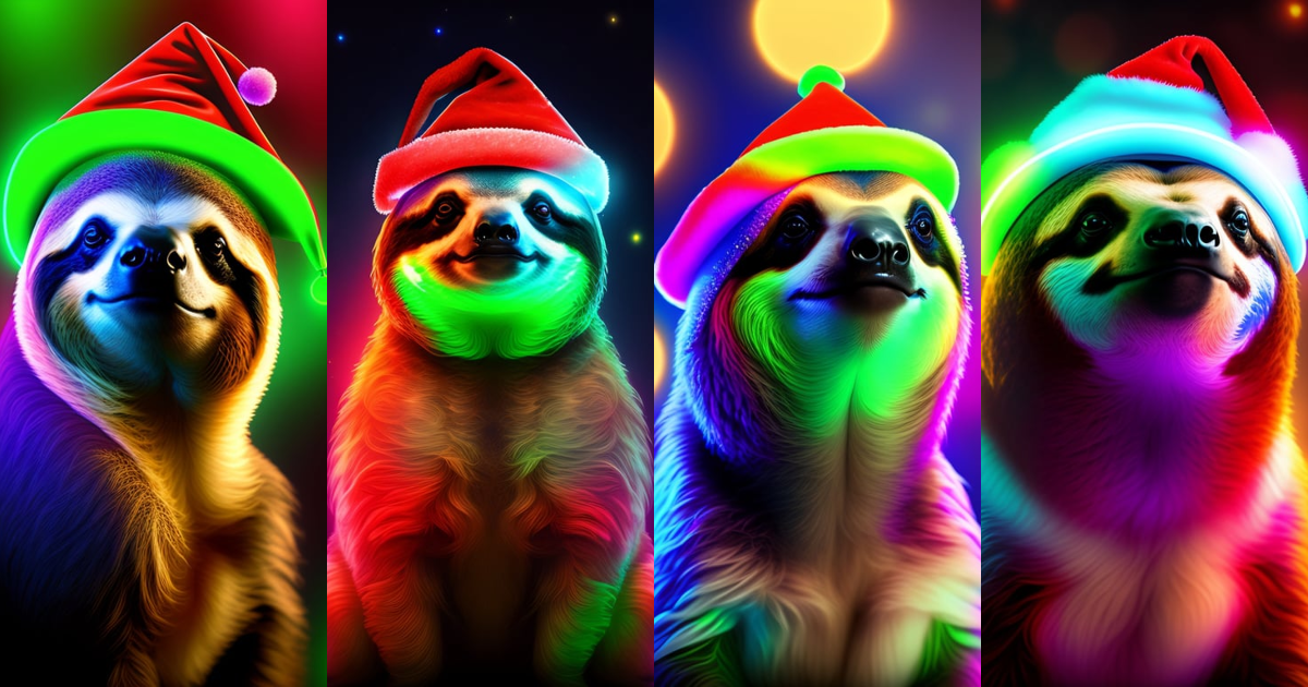 Lexica - Sloth in christmas hat, neon sci-fi background