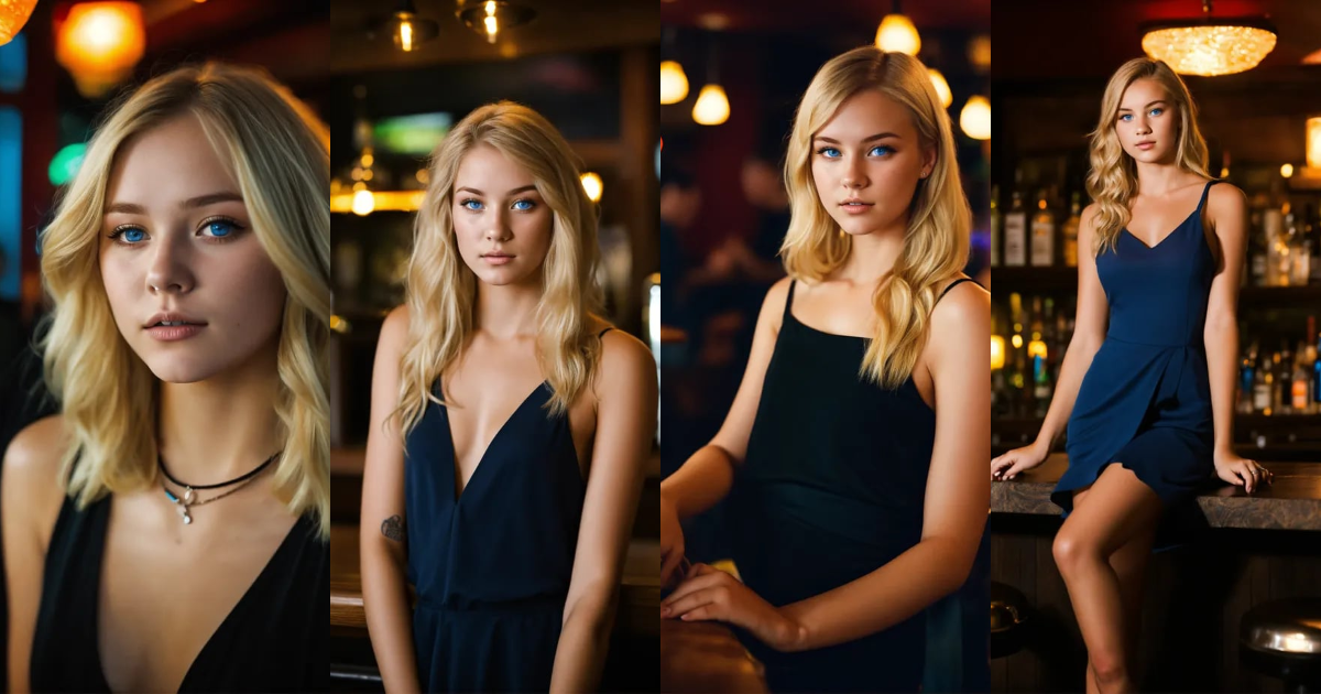 Lexica - An 18 year old blonde woman at a bar. She has blue eyes. She's ...