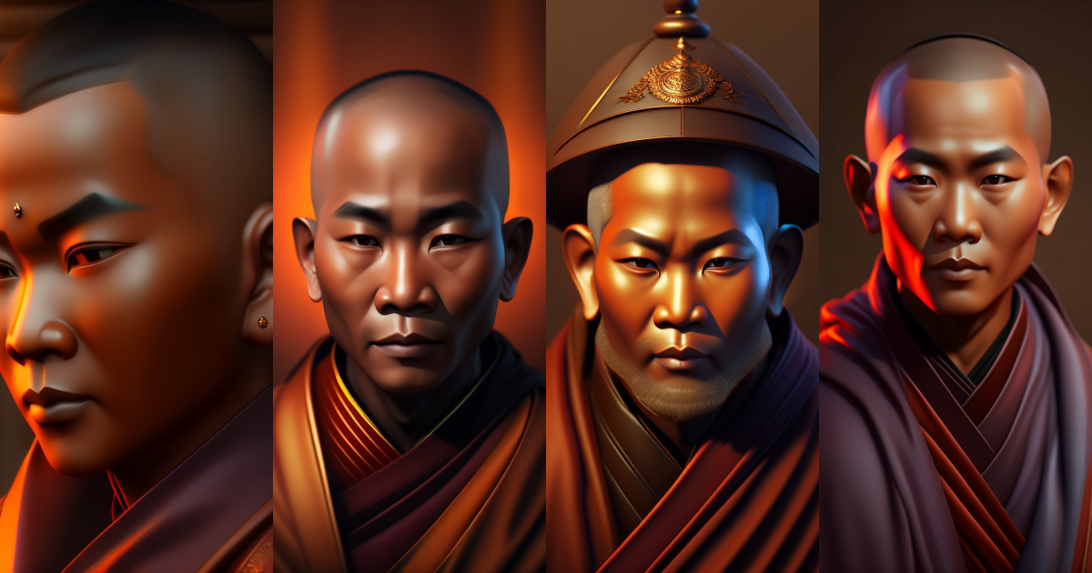 Lexica - Old,3d dark colour ful ,Buddhist monk ,front close veiw