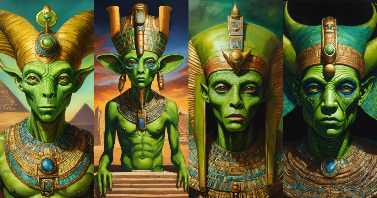 Lexica - Portrait a green alien monster dressed like a ancient egypt ...