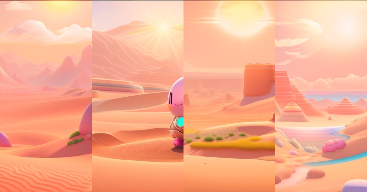 Lexica - 2D illustration, Kirby Star Allies, daylight, desert, sun, sand