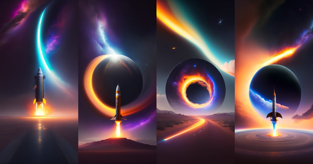 Lexica - A colossal rocket hovers in front of a massive black hole ...