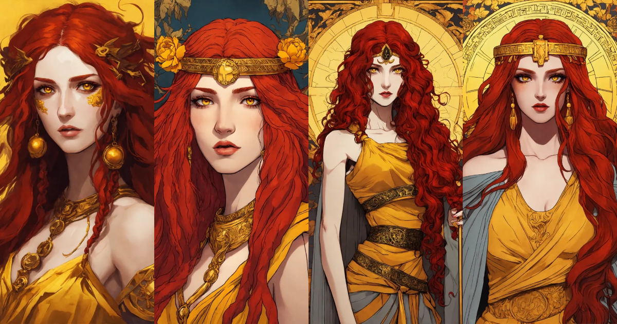 Lexica - Ancient greek long red hair woman with yellow eyes goth . comic