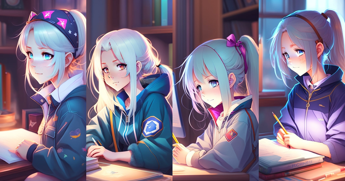 Lexica - Girl, anime, pajamas, homework, night, white hair, cute
