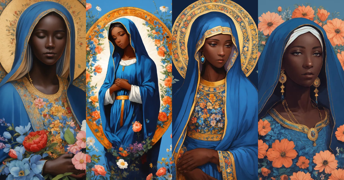 Lexica - Ilustration, Virgin mary with black skin, blue cloath, calm ...