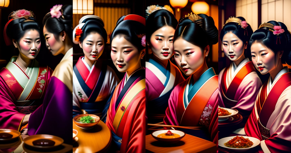 Lexica - Two beautiful elegant young geishas eating at a cozy kyoto ...