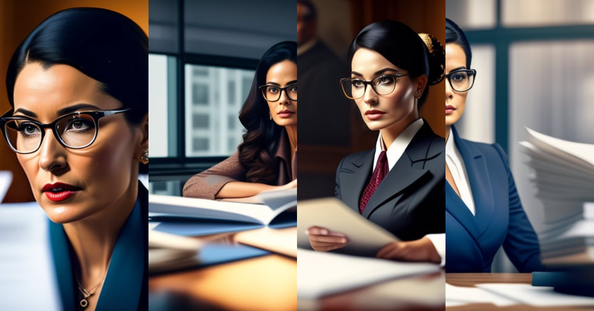 Lexica - The image of a strict woman in glasses with a pile of papers ...