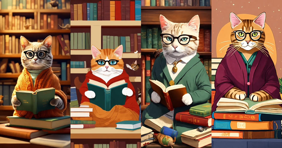Lexica - Design a picture of a cat as a cozy librarian, with reading ...