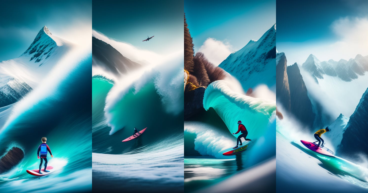 Lexica - A boy surfing with a sea surfboard down a snowy mountain ...