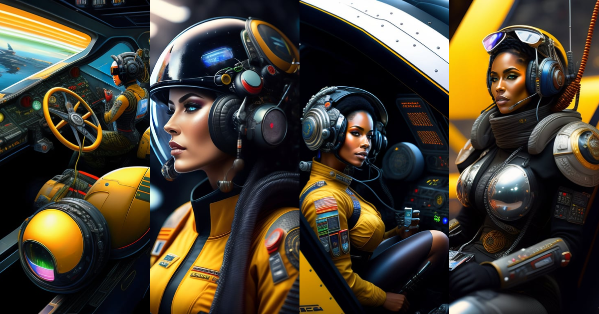 Lexica - Cyborg pilot wired to commands, detailed maximalist interior ...