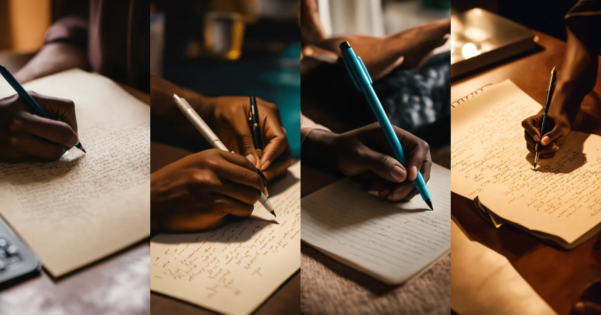 Lexica - Wallpaper a black person's hand, writing a movie script on paper