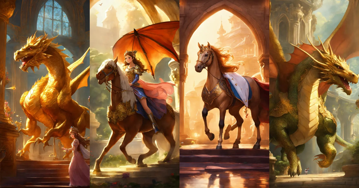 Lexica - Imagine a brave princess galloping on a tiny dragon in a royal ...