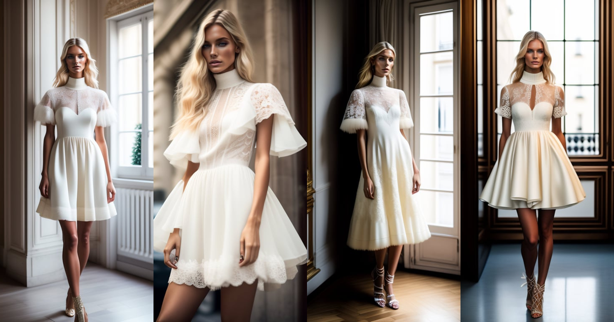 Lexica - Blond fashion model wearing a up the knee short wedding dress ...