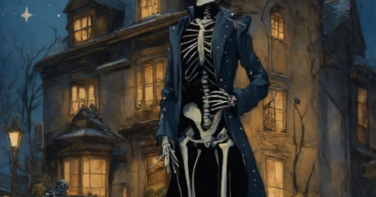 Lexica - A skeleton dressed in a ripped black suit, standing on a ...