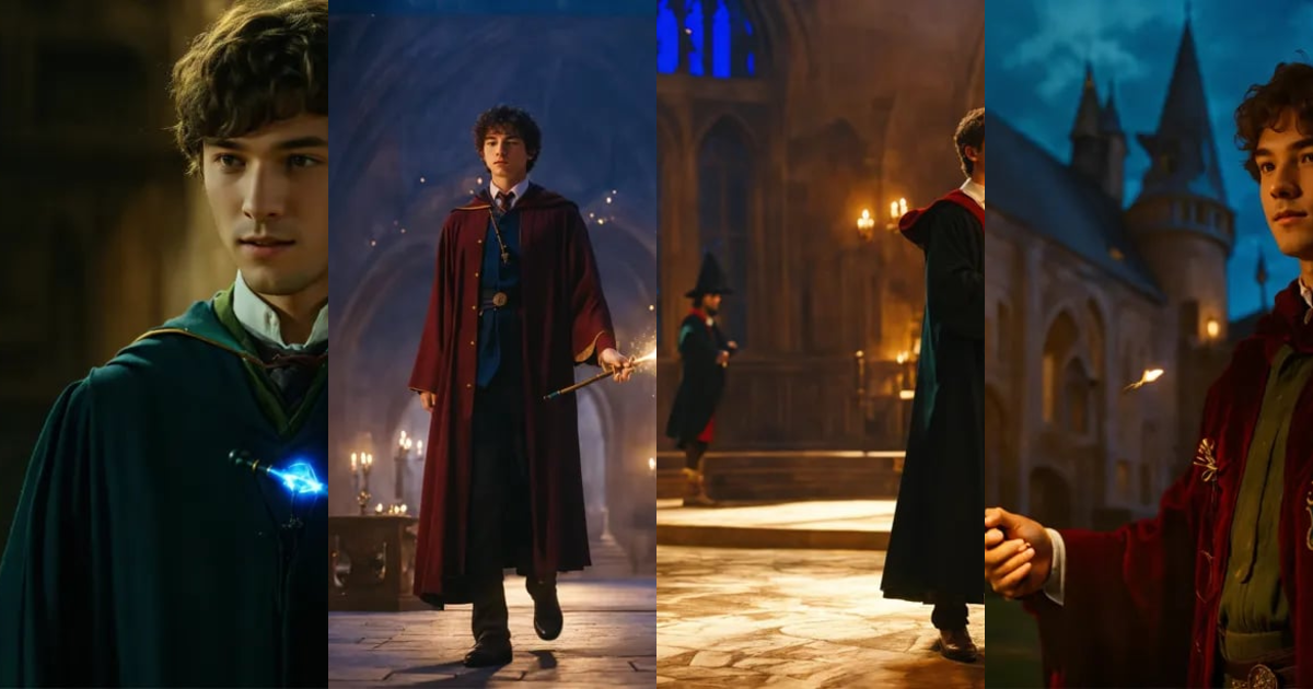 Lexica - Man young wizard, inside Hogwarts with a magic wand in his ...
