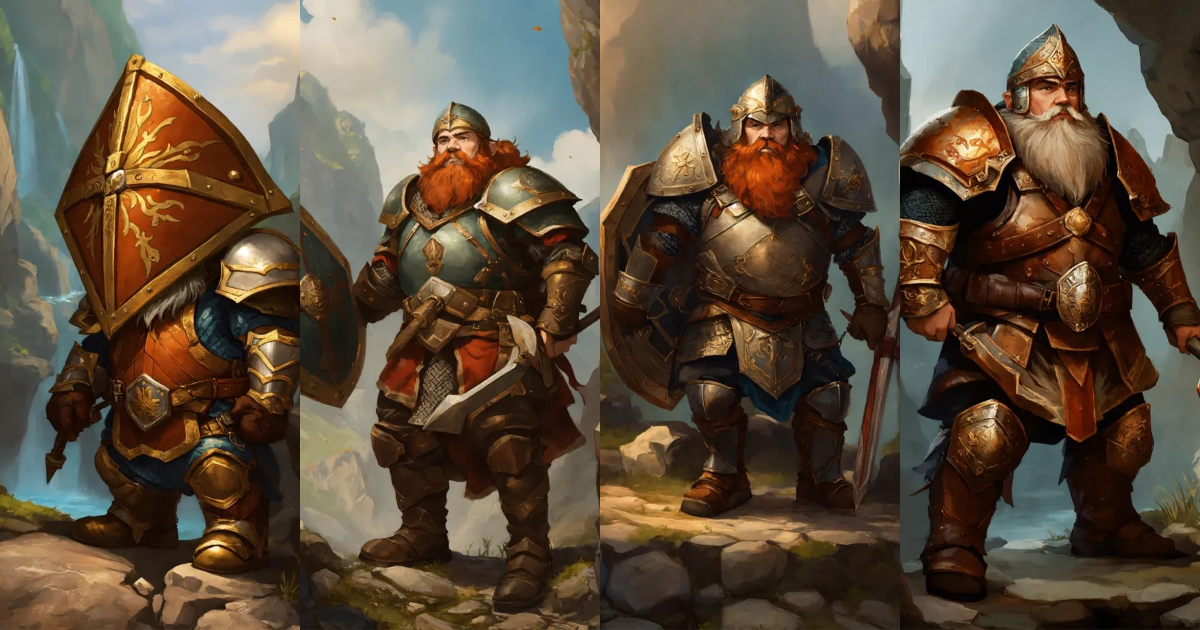 Lexica - A dwarf in full armor holding a shield over his head as if ...