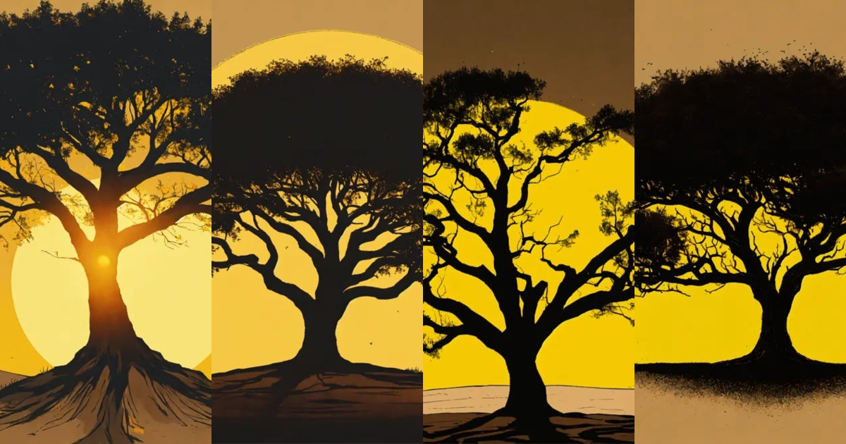 Lexica - Illustration of a black young tee tree with a dark yellow sun ...