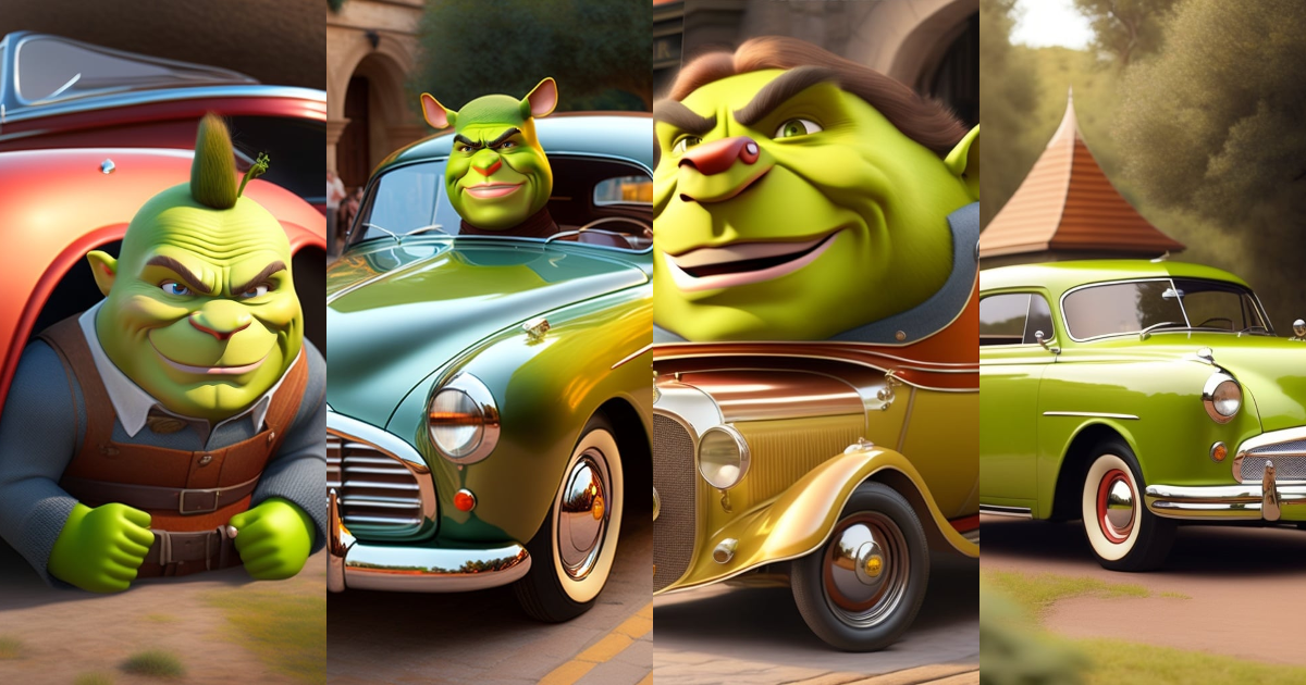Lexica - I want the same picture of the real Shrek, and an old car behind