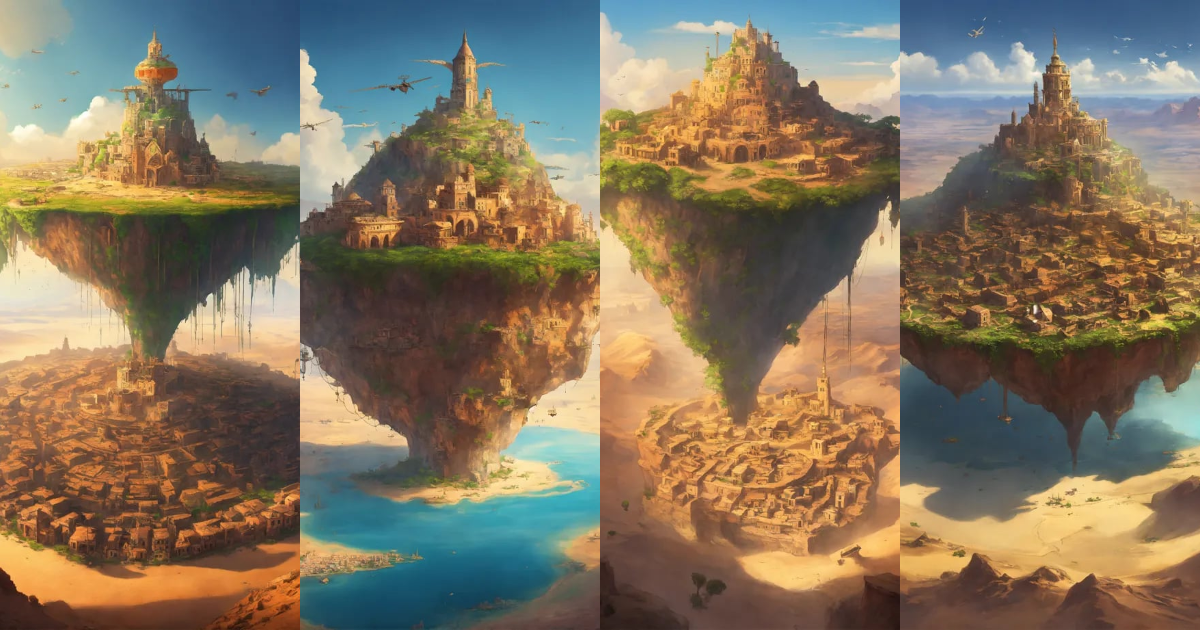 Lexica - A flying island with a town on top in the middle of the desert ...