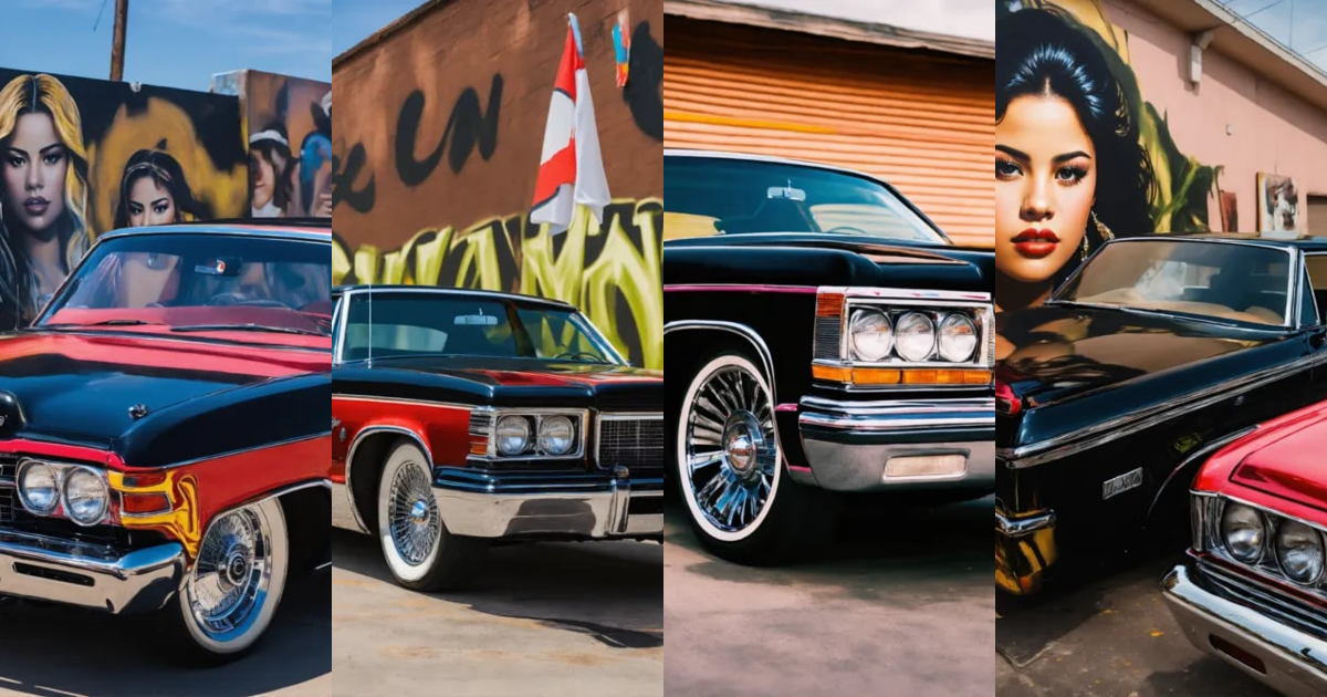 Lexica - Realistic photo of a black lowrider with a paint job of Selena ...