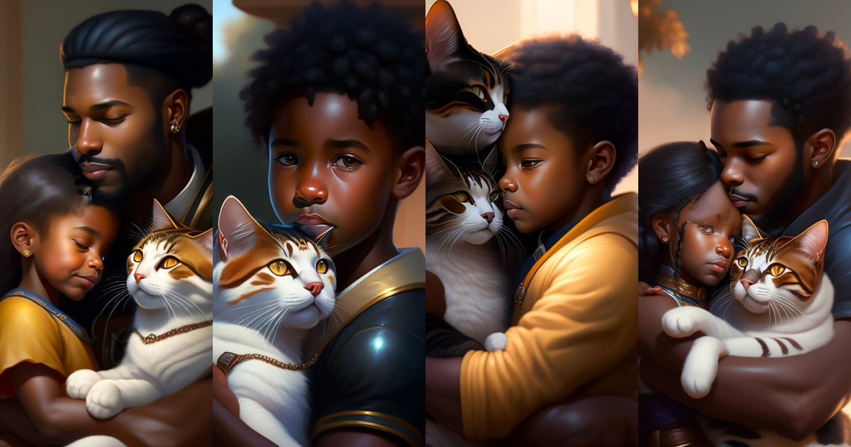 Lexica - A detailed portrait of a cute calm black guy hugging a tabby ...
